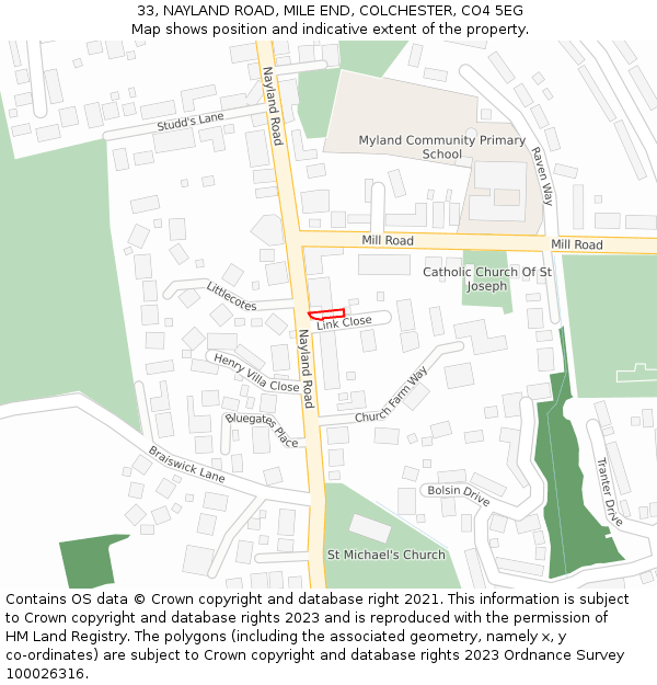 33, NAYLAND ROAD, MILE END, COLCHESTER, CO4 5EG: Location map and indicative extent of plot