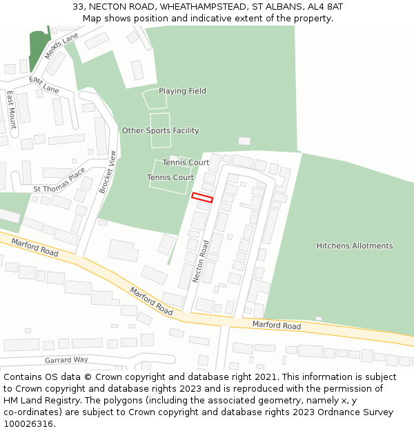 33, NECTON ROAD, WHEATHAMPSTEAD, ST ALBANS, AL4 8AT: Location map and indicative extent of plot