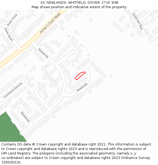 33, NEWLANDS, WHITFIELD, DOVER, CT16 3NB: Location map and indicative extent of plot