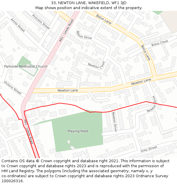 33, NEWTON LANE, WAKEFIELD, WF1 3JD: Location map and indicative extent of plot