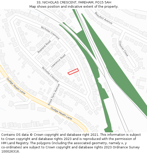 33, NICHOLAS CRESCENT, FAREHAM, PO15 5AH: Location map and indicative extent of plot