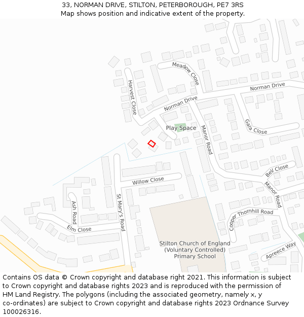 33, NORMAN DRIVE, STILTON, PETERBOROUGH, PE7 3RS: Location map and indicative extent of plot