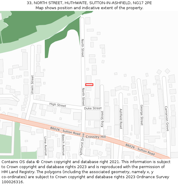 33, NORTH STREET, HUTHWAITE, SUTTON-IN-ASHFIELD, NG17 2PE: Location map and indicative extent of plot