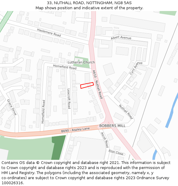 33, NUTHALL ROAD, NOTTINGHAM, NG8 5AS: Location map and indicative extent of plot