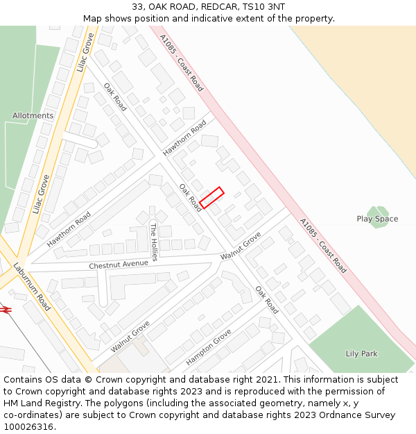 33, OAK ROAD, REDCAR, TS10 3NT: Location map and indicative extent of plot