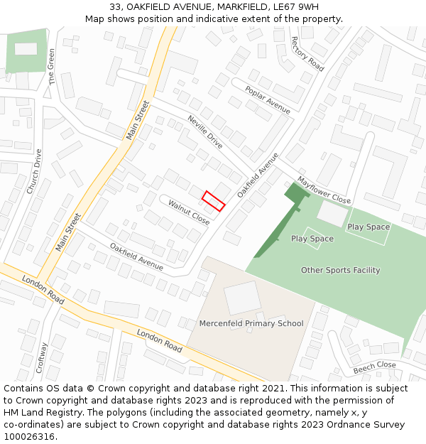 33, OAKFIELD AVENUE, MARKFIELD, LE67 9WH: Location map and indicative extent of plot