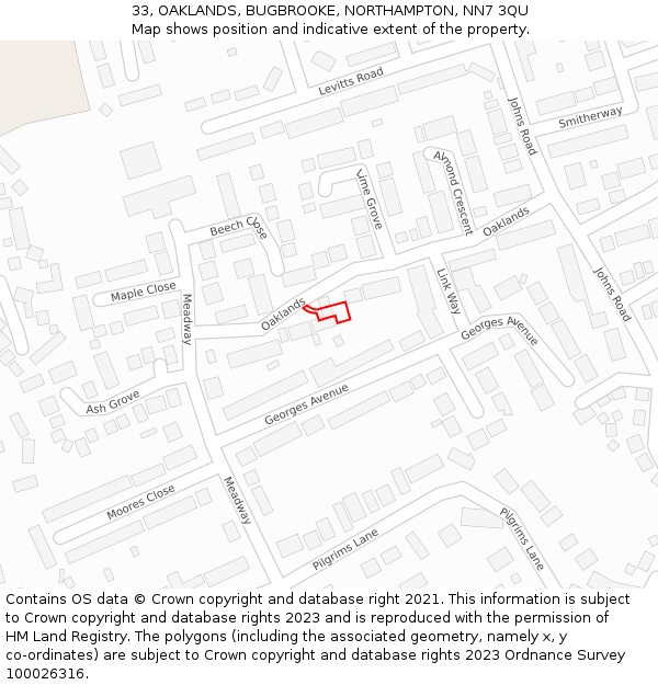 33, OAKLANDS, BUGBROOKE, NORTHAMPTON, NN7 3QU: Location map and indicative extent of plot