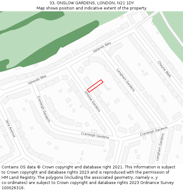 33, ONSLOW GARDENS, LONDON, N21 1DY: Location map and indicative extent of plot