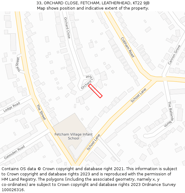 33, ORCHARD CLOSE, FETCHAM, LEATHERHEAD, KT22 9JB: Location map and indicative extent of plot