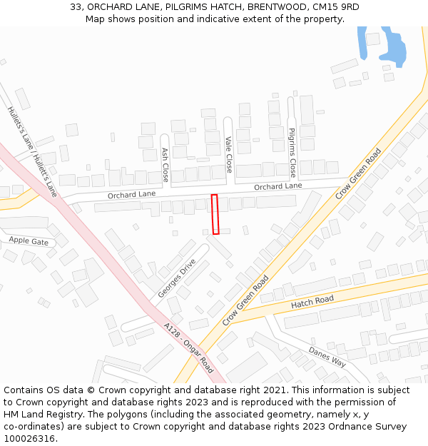 33, ORCHARD LANE, PILGRIMS HATCH, BRENTWOOD, CM15 9RD: Location map and indicative extent of plot