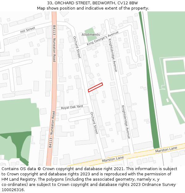 33, ORCHARD STREET, BEDWORTH, CV12 8BW: Location map and indicative extent of plot