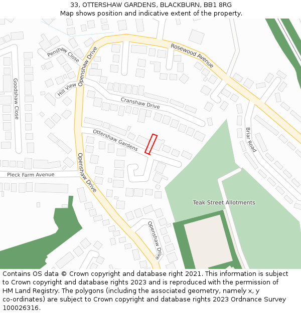 33, OTTERSHAW GARDENS, BLACKBURN, BB1 8RG: Location map and indicative extent of plot