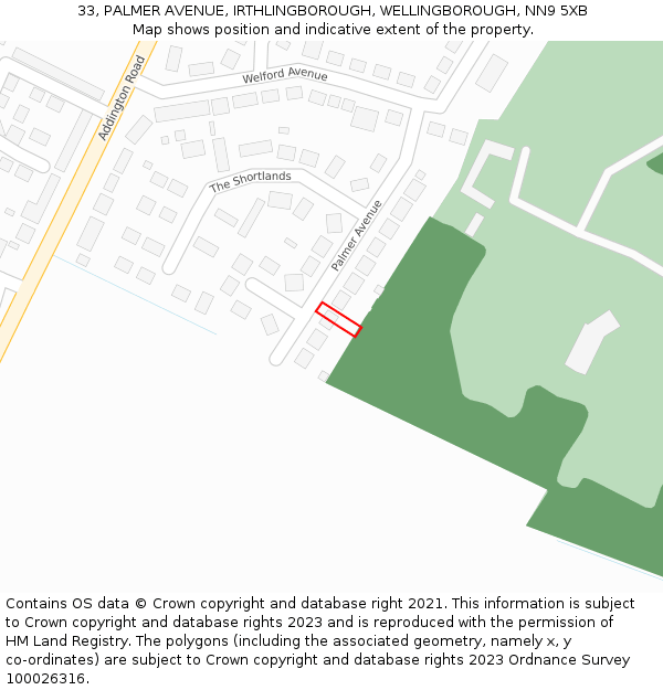 33, PALMER AVENUE, IRTHLINGBOROUGH, WELLINGBOROUGH, NN9 5XB: Location map and indicative extent of plot