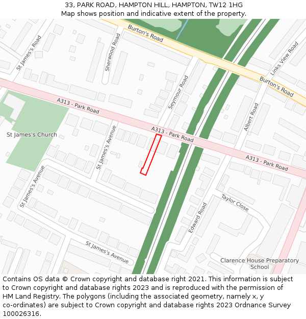33, PARK ROAD, HAMPTON HILL, HAMPTON, TW12 1HG: Location map and indicative extent of plot