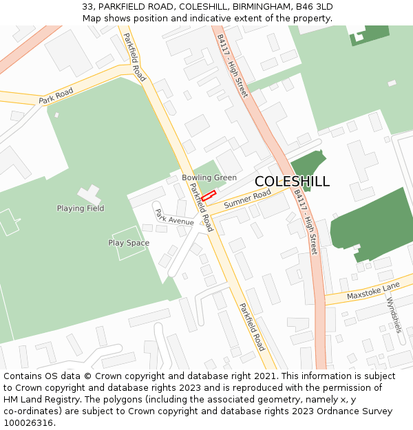 33, PARKFIELD ROAD, COLESHILL, BIRMINGHAM, B46 3LD: Location map and indicative extent of plot