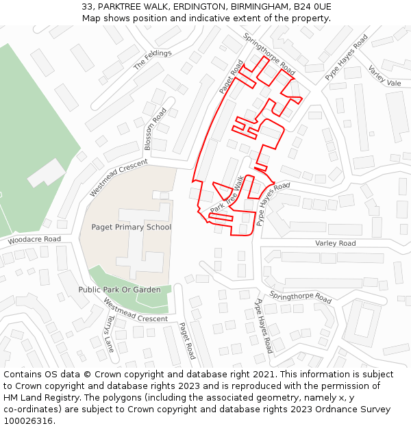 33, PARKTREE WALK, ERDINGTON, BIRMINGHAM, B24 0UE: Location map and indicative extent of plot