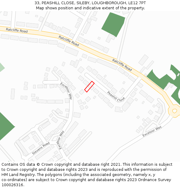 33, PEASHILL CLOSE, SILEBY, LOUGHBOROUGH, LE12 7PT: Location map and indicative extent of plot