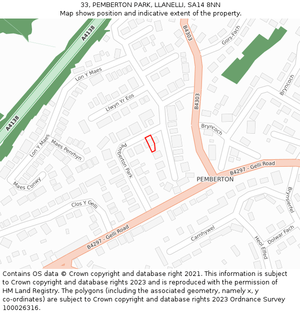 33, PEMBERTON PARK, LLANELLI, SA14 8NN: Location map and indicative extent of plot