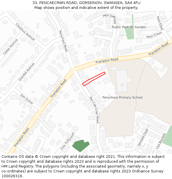 33, PENCAECRWN ROAD, GORSEINON, SWANSEA, SA4 4FU: Location map and indicative extent of plot