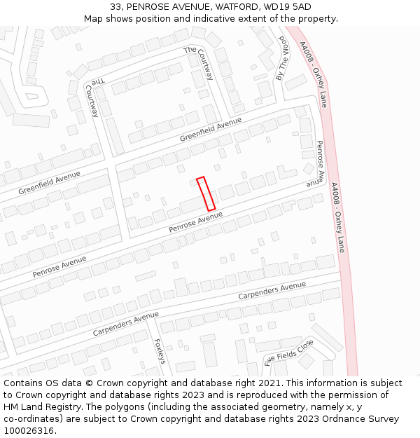 33, PENROSE AVENUE, WATFORD, WD19 5AD: Location map and indicative extent of plot