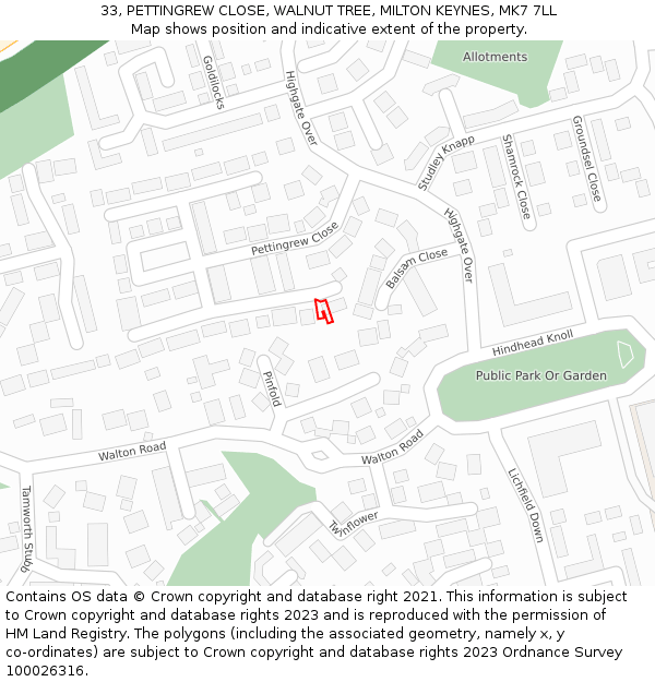 33, PETTINGREW CLOSE, WALNUT TREE, MILTON KEYNES, MK7 7LL: Location map and indicative extent of plot