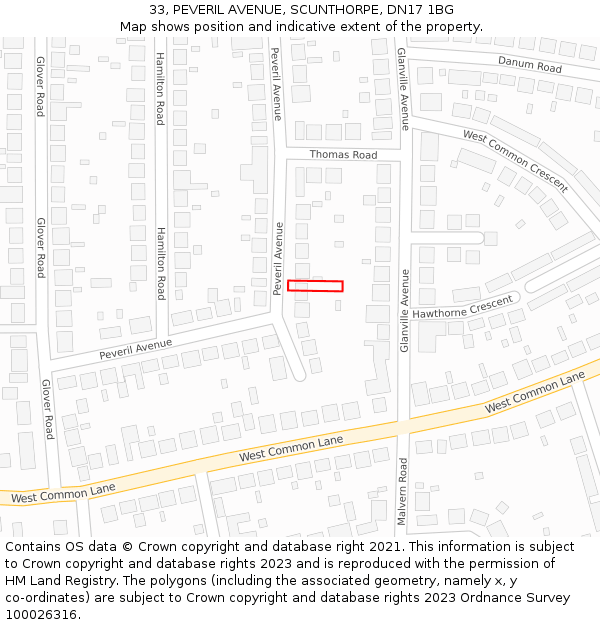 33, PEVERIL AVENUE, SCUNTHORPE, DN17 1BG: Location map and indicative extent of plot