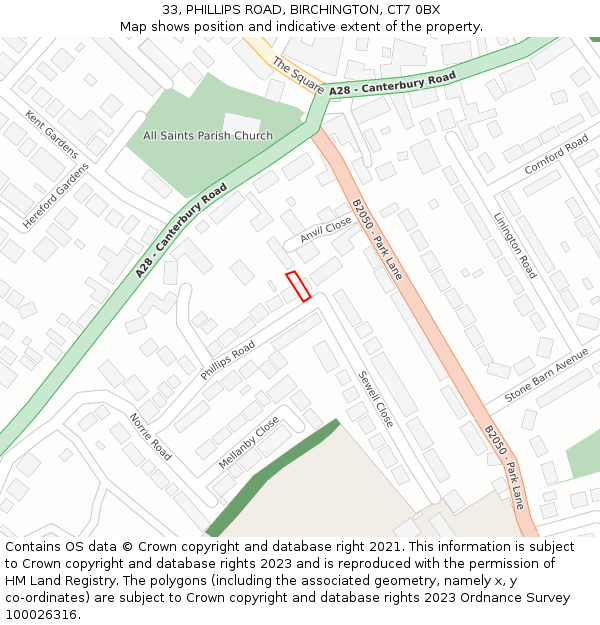 33, PHILLIPS ROAD, BIRCHINGTON, CT7 0BX: Location map and indicative extent of plot