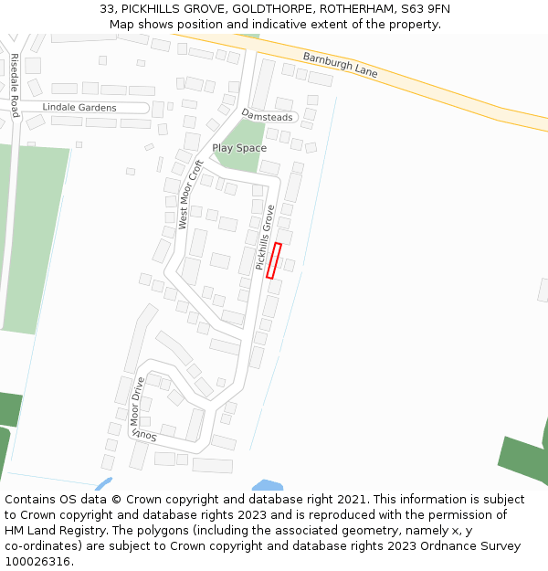 33, PICKHILLS GROVE, GOLDTHORPE, ROTHERHAM, S63 9FN: Location map and indicative extent of plot