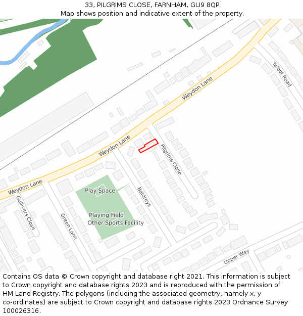 33, PILGRIMS CLOSE, FARNHAM, GU9 8QP: Location map and indicative extent of plot