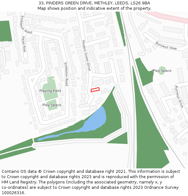 33, PINDERS GREEN DRIVE, METHLEY, LEEDS, LS26 9BA: Location map and indicative extent of plot