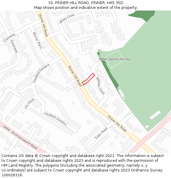 33, PINNER HILL ROAD, PINNER, HA5 3SD: Location map and indicative extent of plot