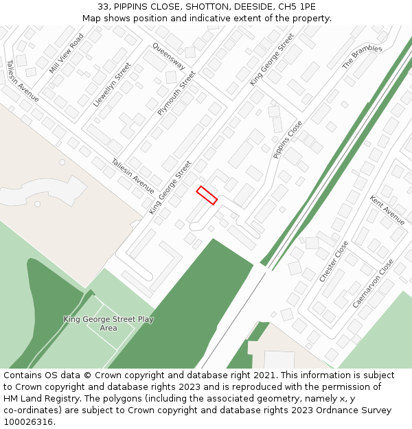 33, PIPPINS CLOSE, SHOTTON, DEESIDE, CH5 1PE: Location map and indicative extent of plot