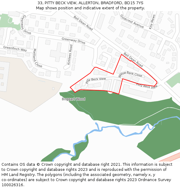 33, PITTY BECK VIEW, ALLERTON, BRADFORD, BD15 7YS: Location map and indicative extent of plot