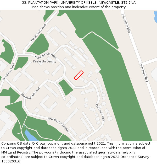 33, PLANTATION PARK, UNIVERSITY OF KEELE, NEWCASTLE, ST5 5NA: Location map and indicative extent of plot