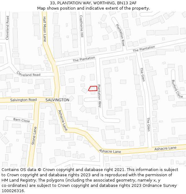 33, PLANTATION WAY, WORTHING, BN13 2AF: Location map and indicative extent of plot