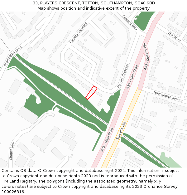 33, PLAYERS CRESCENT, TOTTON, SOUTHAMPTON, SO40 9BB: Location map and indicative extent of plot