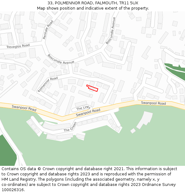 33, POLMENNOR ROAD, FALMOUTH, TR11 5UX: Location map and indicative extent of plot