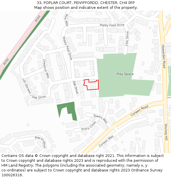 33, POPLAR COURT, PENYFFORDD, CHESTER, CH4 0FP: Location map and indicative extent of plot