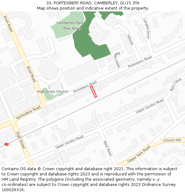 33, PORTESBERY ROAD, CAMBERLEY, GU15 3TA: Location map and indicative extent of plot