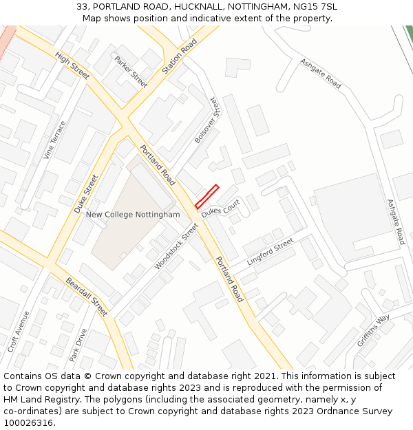 33, PORTLAND ROAD, HUCKNALL, NOTTINGHAM, NG15 7SL: Location map and indicative extent of plot