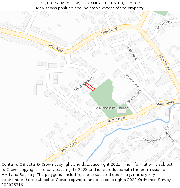 33, PRIEST MEADOW, FLECKNEY, LEICESTER, LE8 8TZ: Location map and indicative extent of plot