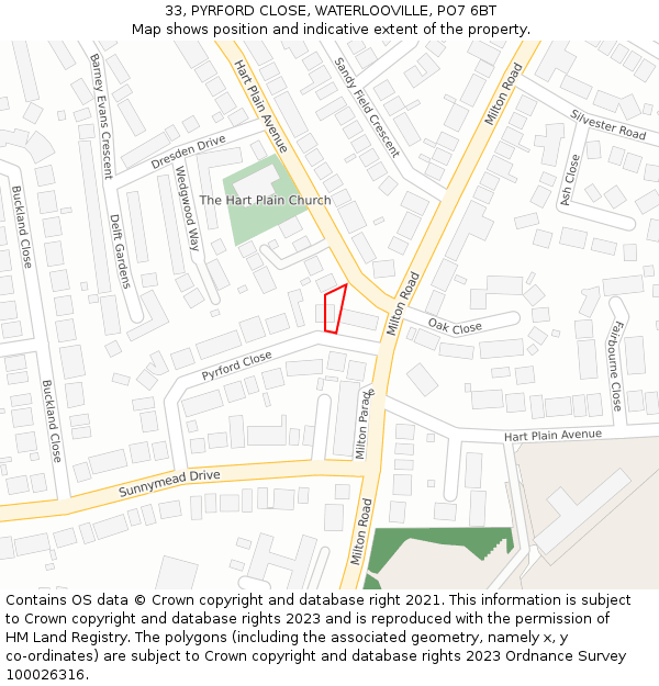 33, PYRFORD CLOSE, WATERLOOVILLE, PO7 6BT: Location map and indicative extent of plot