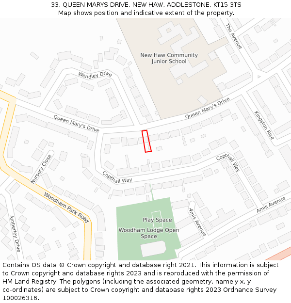 33, QUEEN MARYS DRIVE, NEW HAW, ADDLESTONE, KT15 3TS: Location map and indicative extent of plot