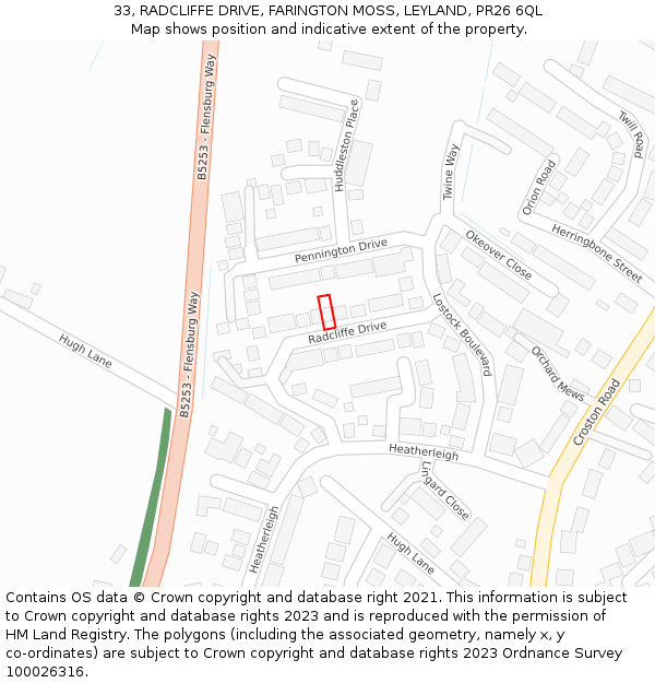 33, RADCLIFFE DRIVE, FARINGTON MOSS, LEYLAND, PR26 6QL: Location map and indicative extent of plot