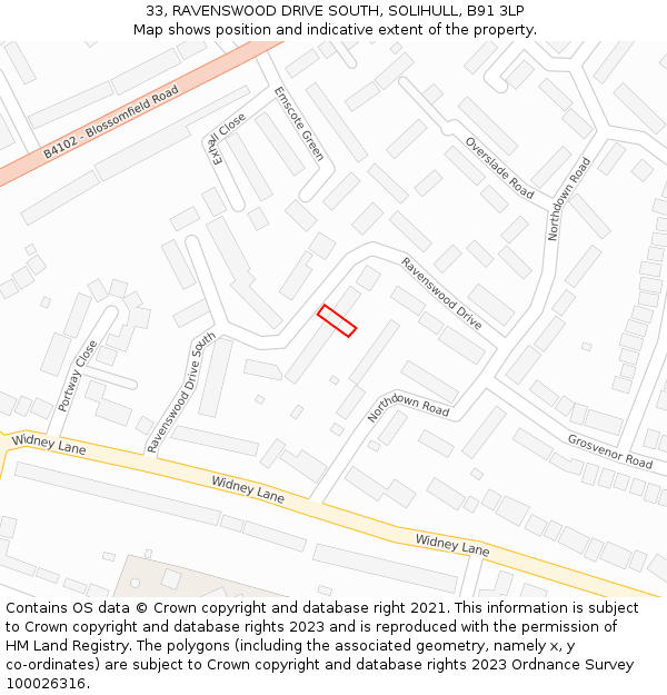 33, RAVENSWOOD DRIVE SOUTH, SOLIHULL, B91 3LP: Location map and indicative extent of plot