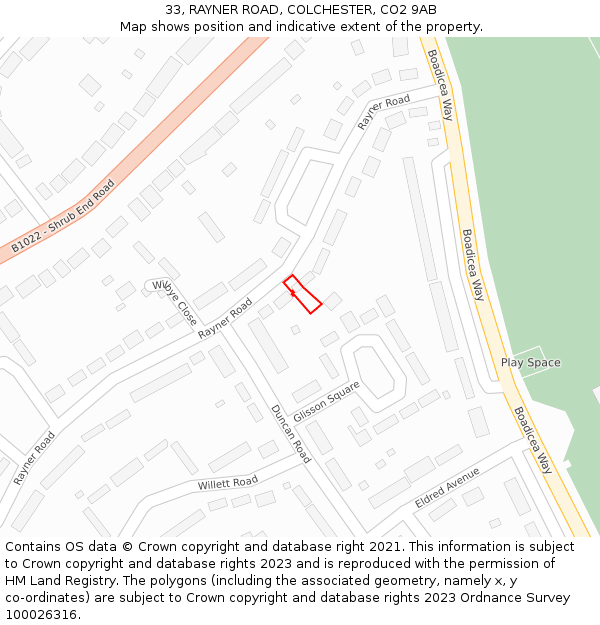 33, RAYNER ROAD, COLCHESTER, CO2 9AB: Location map and indicative extent of plot