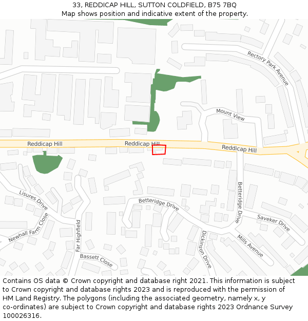 33, REDDICAP HILL, SUTTON COLDFIELD, B75 7BQ: Location map and indicative extent of plot