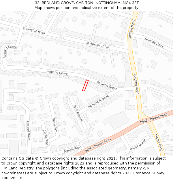 33, REDLAND GROVE, CARLTON, NOTTINGHAM, NG4 3ET: Location map and indicative extent of plot