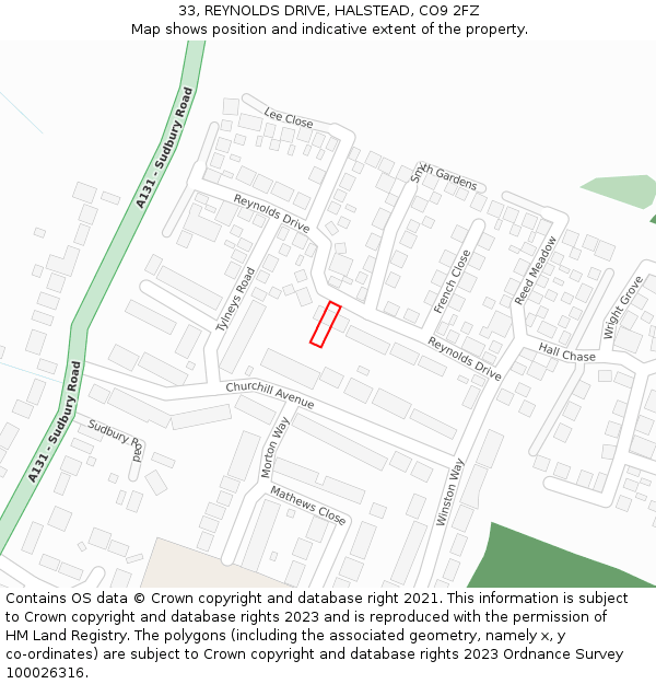 33, REYNOLDS DRIVE, HALSTEAD, CO9 2FZ: Location map and indicative extent of plot