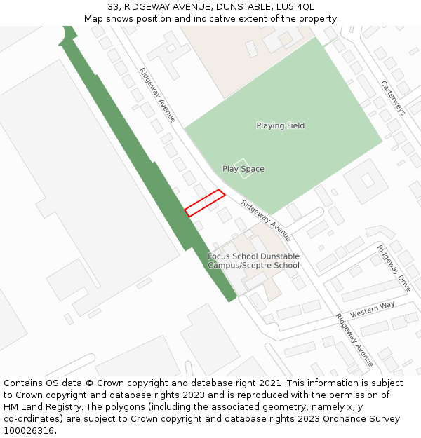 33, RIDGEWAY AVENUE, DUNSTABLE, LU5 4QL: Location map and indicative extent of plot